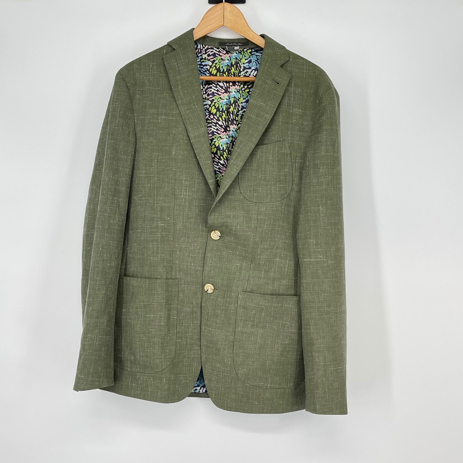 Indochino Olive Green Wool Linen Blazer Sport Coat Colorful Lining Size 35l